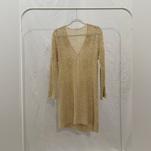 VINTAGE 70’s light tan crochet midi cardigan / boho coverup /open knit sweater - Picture 3 of 6